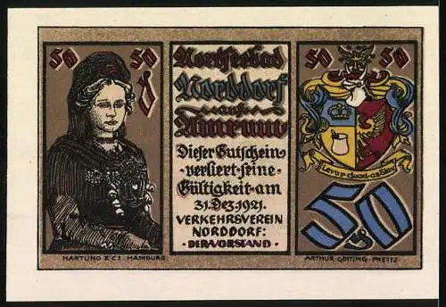 Notgeld Norddorf, 1921, 50 Pf, Abbildung eines Reetdachhauses und einer Frau mit Wappen auf der Rückseite