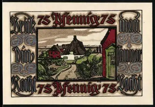 Notgeld Norddorf 1921, 75 Pfennig, Landschaft und Porträt einer Frau mit Wappen und Schriftzug