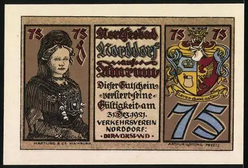 Notgeld Norddorf 1921, 75 Pfennig, Landschaft und Porträt einer Frau mit Wappen und Schriftzug