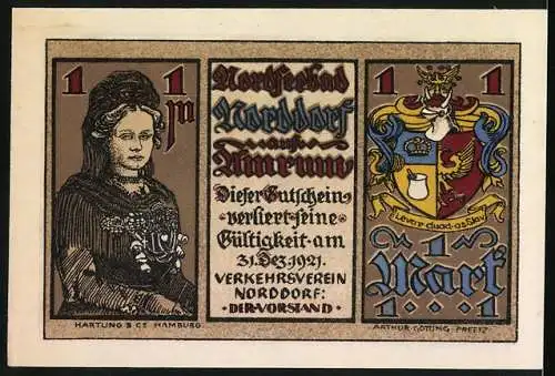 Notgeld Norddorf, 1921, 1 Mark, Innenraum mit Tisch und Stühlen sowie Portrait und Wappen