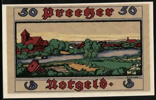 Notgeld Preetz, 1919, 50 Pfennig, Landschaftsansicht und Stadtwappen, rote und goldene Verzierungen