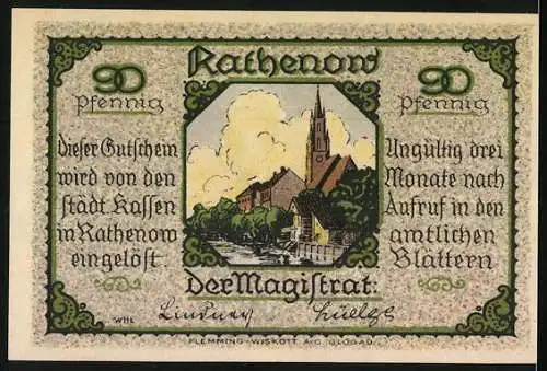 Notgeld Rathenow, 20 Pfennig, Darstellung einer alten Frau mit Brille und Steuerbuch, Stadtansicht mit Kirche