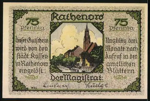 Notgeld Rathenow, 75 Pfennig, Dame mit Brille und Stadtansicht, 3 Monate gültig