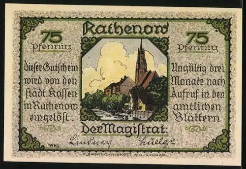 Notgeld Rathenow, 75 Pfennig, des Objekts lichter Stärke und St. Marien-Andreas-Kirche