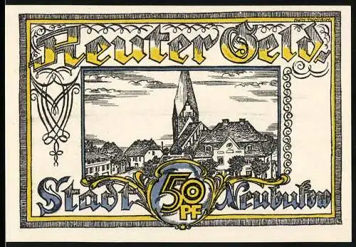 Notgeld Neubukow, 1922, 50 Pfennig, Stadtansicht und Pflügende Bauern