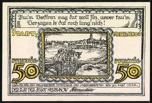 Notgeld Neubukow, 1922, 50 Pfennig, Stadtansicht und Pflügende Bauern