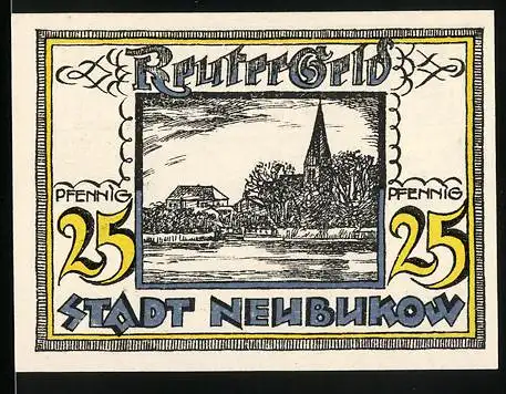 Notgeld Neubukow, 1922, 25 Pfennig, Reutergeld mit Stadtansicht und bäuerlicher Szene