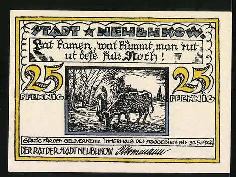 Notgeld Neubukow, 1922, 25 Pfennig, Reutergeld mit Stadtansicht und bäuerlicher Szene