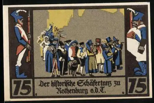 Notgeld Rothenburg o.d.T., 1921, 75 Pfennig, Der historische Schäfertanz mit Schäfern und Stadtwache