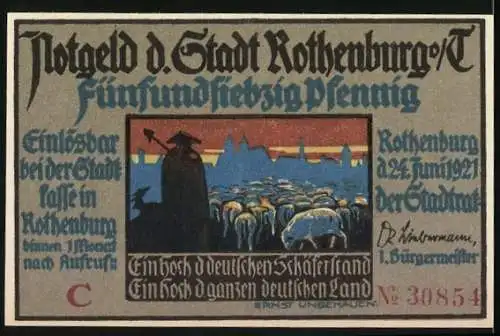 Notgeld Rothenburg o.d.T., 1921, 75 Pfennig, Der historische Schäfertanz mit Schäfern und Stadtwache