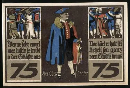 Notgeld Rothenburg 1921, 75 Pfennig, Schäferszene mit Schäfer und Tänzern