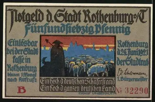 Notgeld Rothenburg 1921, 75 Pfennig, Schäferszene mit Schäfer und Tänzern