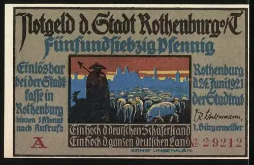 Notgeld Rothenburg, 1921, 75 Pfennig, Szene mit Hirte und Schafen, Paar und Tiere im künstlerischen Stil