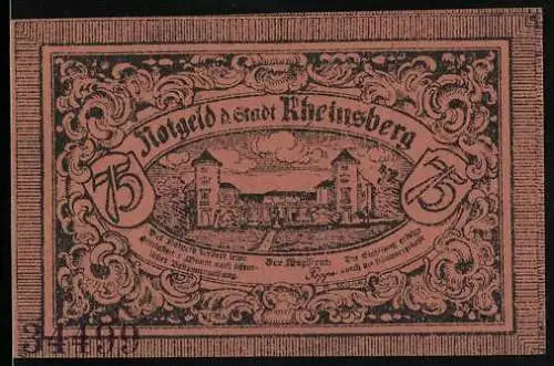 Notgeld Rheinberg, 75 Pfennig, Stadtansicht mit Gebäuden und Ornamenten, Rückseite mit Obelisk und Engeln