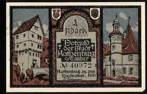 Notgeld Rothenburg ob der Tauber, 1921, 1 Mark, historische Gebäude und Inschrift