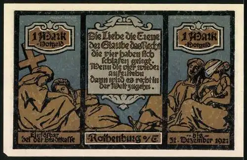 Notgeld Rothenburg ob der Tauber, 1921, 1 Mark, historische Gebäude und Inschrift