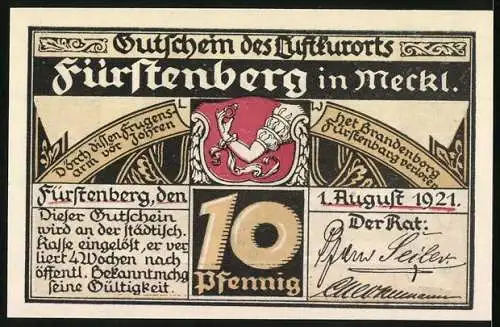 Notgeld Fürstenberg, 1921, 10 Pfennig, Kinder und Berliner Spruch, Rathaus und Wappen