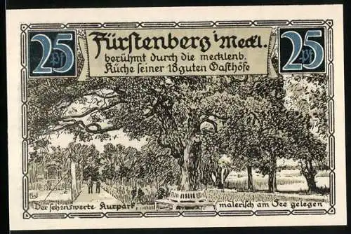 Notgeld Fürstenberg, 1921, 25 Pfennig, berühmt durch die merkbare Küche seiner 18 guten Gasthöfe