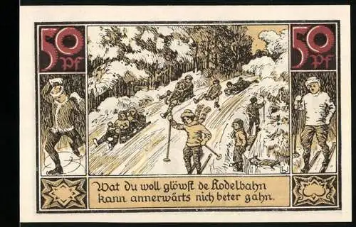 Notgeld Fürstenberg 1921, 50 Pfennig, Winterszene mit Rodlern und Schriftzug Vat du woll glöwst de Rödelbahn ...