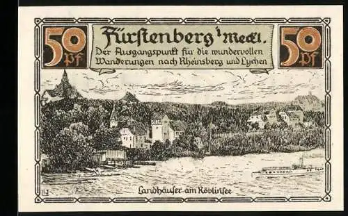 Notgeld Fürstenberg 1921, 50 Pf, Landhäuser am Röblinsee und Stadtwappen mit Schriftzug