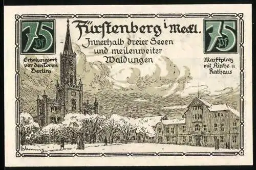 Notgeld Fürstenberg 1921, 75 Pfennig, Erholungsort vor den Toren Berlins, Marktplatz mit Kirche und Rathaus