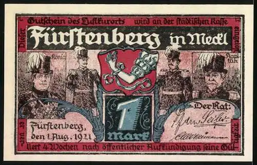 Notgeld Fürstenberg 1921, 1 Mark, Schützenzunft und historische Figuren, Gutschein des Luftkurorts