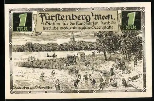 Notgeld Fürstenberg 1921, 1 Mark, Illustration von Badeleben am Schwedtsee und Text über Rundfahrten