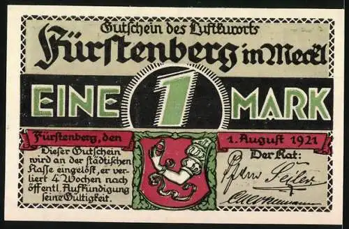 Notgeld Fürstenberg 1921, 1 Mark, Illustration von Badeleben am Schwedtsee und Text über Rundfahrten