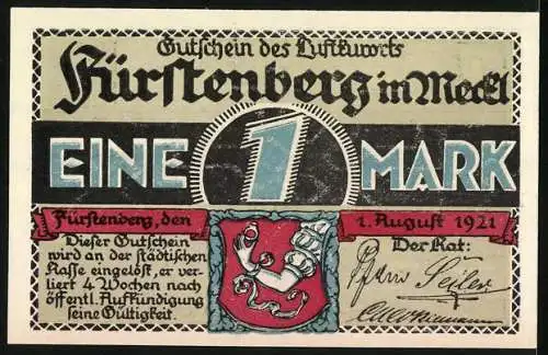 Notgeld Fürstenberg, 1921, 1 Mark, Luftaufnahme und Stadtwappen, Gutschein des Luftkurorts