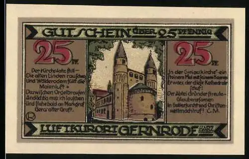 Notgeld Gernrode 1921, 25 Pfennig, Stadtansicht und Ritterdarstellung