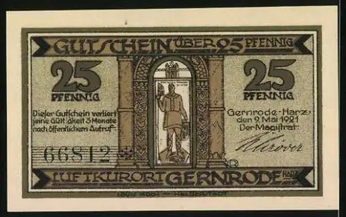 Notgeld Gernrode 1921, 25 Pfennig, Stadtansicht und Ritterdarstellung