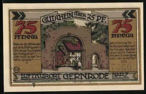 Notgeld Gernrode 1921, 75 Pfennig, Gutschein mit Stadtmauer und historischer Figur