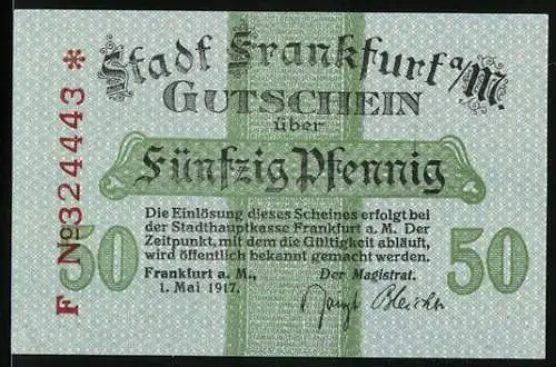 Notgeld Frankfurt a. M., 1917, 50 Pfennig, Stadtgutschein mit Adler und Seriennummer