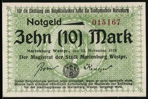 Notgeld Marienburg, 1918, Zehn (10) Mark, grünes Muster, Magistrat der Stadt Marienburg Westpr., Seriennummer 015167