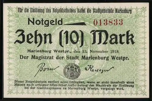 Notgeld Marienburg, 1918, 10 Mark, grüne Verzierung, Siegel und Unterschriften, Sammlerstück ausser Kurs