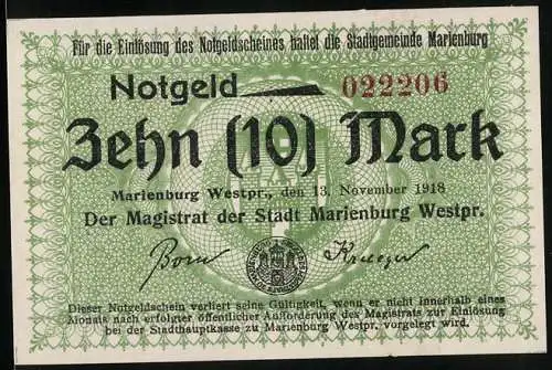 Notgeld Marienburg, 1918, 10 Mark, Grüner Schein mit roter Seriennummer und Stempel Sammlerstück, ausser Kurs