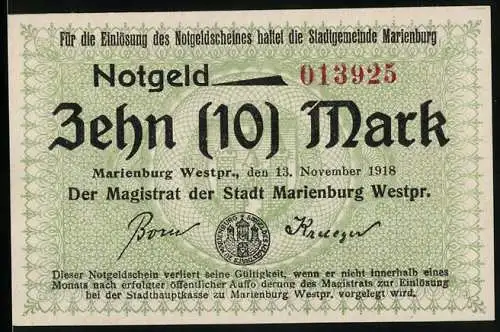 Notgeld Marienburg Westpr., 1918, Zehn (10) Mark, Stadtgemeinde Marienburg, Magistrat zu Marienburg Stempel