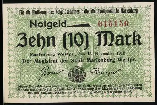 Notgeld Marienburg Westpr., 1918, Zehn (10) Mark, grün mit Stadtwappen und Magistratssignaturen