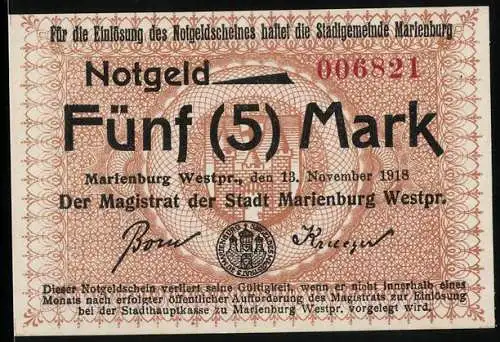 Notgeld Marienburg Westpr. 1918, 5 Mark, roter Schein mit Siegel und Unterschriften