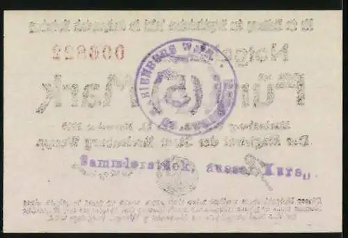 Notgeld Marienburg Westpr. 1918, 5 Mark, roter Schein mit Siegel und Unterschriften