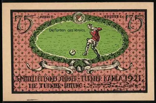 Notgeld Kahla 1921, 75 Pfennig, Motiv Fussballspieler und Vereinswappen