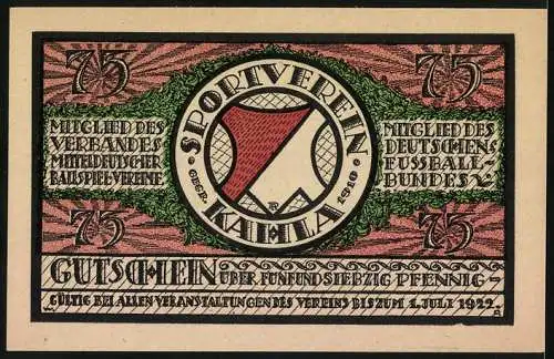 Notgeld Kahla 1921, 75 Pfennig, Motiv Fussballspieler und Vereinswappen