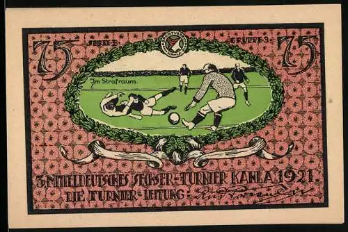 Notgeld Kahla 1921, 75 Pfennig, Fussballspiel im Strafraum und Vereinslogo