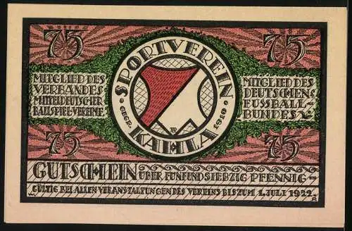 Notgeld Kahla 1921, 75 Pfennig, Fussballspiel im Strafraum und Vereinslogo