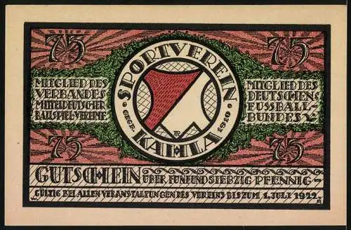 Notgeld Kahla 1921, 75 Pfennig, 5. Mitteldeutsches Schosser-Turnier, Fussballspielszene und Sportverein Kahla Emblem