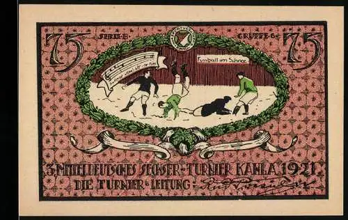 Notgeld Kahla 1921, 75 Pfennig, Fussball im Schnee, Sechser-Turnier 1921