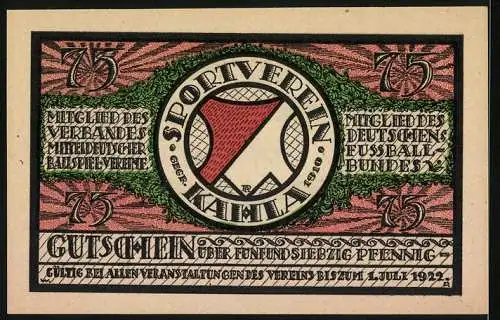 Notgeld Kahla 1921, 75 Pfennig, Fussball im Schnee, Sechser-Turnier 1921