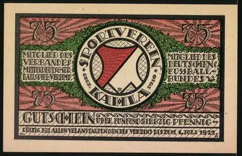 Notgeld Kahla 1921, 75 Pfennig, Mitteldeutsches Stosser-Turnier und Sportverein Kahla Gutschein