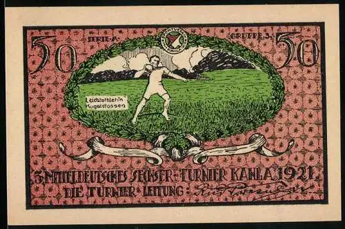 Notgeld Kahla 1921, 50 Pfennig, Sportverein und Leichtathletik Kugelstossen