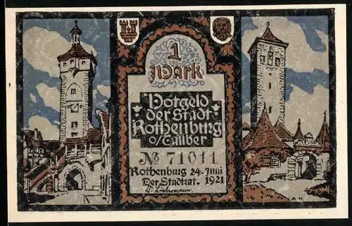 Notgeld Rothenburg ob der Tauber, 1921, 1 Mark, Stadtansichten und historische Szenen